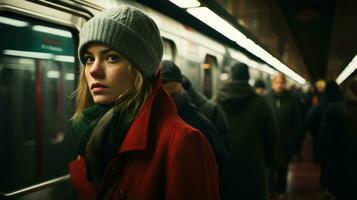 une femme dans une rouge manteau et chapeau permanent sur une métro Plate-forme génératif ai photo
