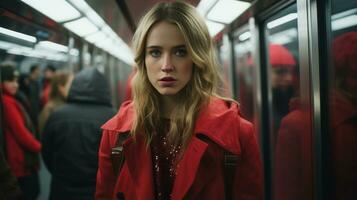 une femme dans une rouge manteau permanent dans une métro génératif ai photo