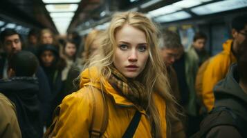 une femme dans une Jaune manteau permanent dans une bondé métro génératif ai photo