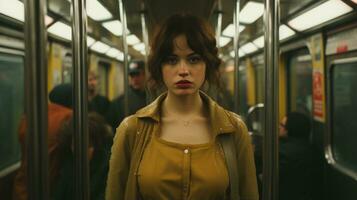 une femme est permanent dans une métro voiture génératif ai photo