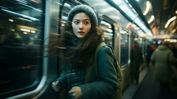 une femme sur une métro train avec sa cheveux soufflant dans le vent génératif ai photo