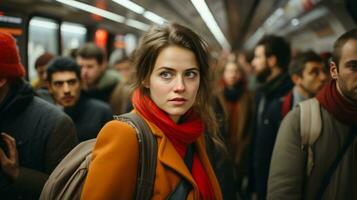 une femme permanent dans une métro avec beaucoup gens autour sa génératif ai photo