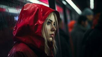 une femme portant une rouge sweat à capuche sur une métro train génératif ai photo