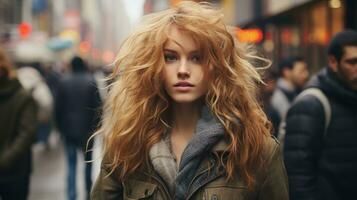 une femme avec longue rouge cheveux en marchant vers le bas le rue photo