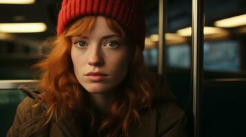 une femme avec rouge cheveux séance sur une train génératif ai photo