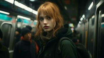 une femme avec rouge cheveux permanent sur une métro train photo