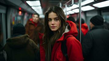 une Jeune femme dans une rouge manteau sur une métro train génératif ai photo