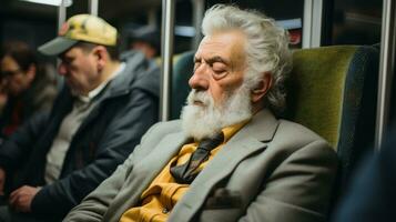 un vieux homme avec une barbe en train de dormir sur une train génératif ai photo