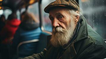 un vieux homme avec une barbe séance sur une autobus photo