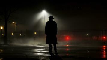 une homme dans une chapeau et manteau permanent sur une humide rue à nuit génératif ai photo