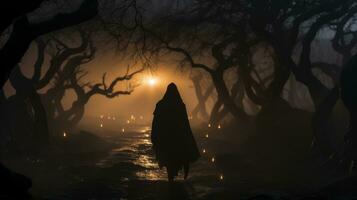une homme dans une encapuchonné manteau est en marchant par une foncé forêt à nuit génératif ai photo