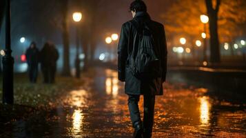 une homme en marchant dans le pluie à nuit génératif ai photo