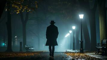 le silhouette de une homme dans une chapeau en marchant vers le bas une chemin à nuit génératif ai photo