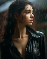 une magnifique femme dans une cuir veste dans le pluie génératif ai photo