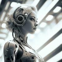 une noir et blanc photo de une femme dans une robot costume génératif ai