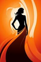 une silhouette de une femme dans une longue robe sur un Orange Contexte génératif ai photo