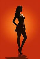 silhouette de une femme dans une court robe sur un Orange Contexte génératif ai photo