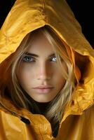 une magnifique blond femme dans une Jaune imperméable génératif ai photo