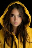 une magnifique Jeune femme dans une Jaune imperméable génératif ai photo