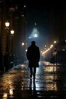 une homme en marchant vers le bas une rue à nuit génératif ai photo
