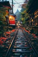 une rouge train est sur le des pistes dans le milieu de une forêt génératif ai photo