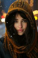 une femme portant une hiver manteau et écharpe dans le neige génératif ai photo