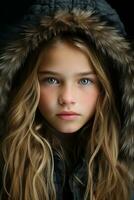 une Jeune fille avec bleu yeux dans une encapuchonné veste génératif ai photo