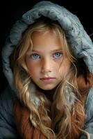 une Jeune fille avec bleu yeux dans une encapuchonné veste génératif ai photo