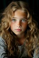 une Jeune fille avec frisé cheveux et vert yeux photo