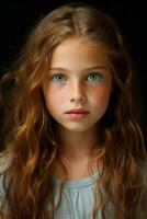 une Jeune fille avec longue frisé cheveux et vert yeux photo