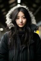 une Jeune femme dans une hiver manteau permanent dans une train station génératif ai photo