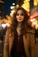 magnifique Jeune femme avec longue frisé cheveux permanent dans le ville à nuit génératif ai photo
