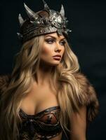 une magnifique blond femme dans une viking costume génératif ai photo