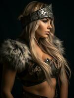 une magnifique blond femme dans une viking costume génératif ai photo