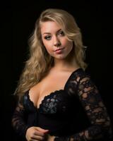 une magnifique blond femme dans noir lingerie posant pour le caméra génératif ai photo