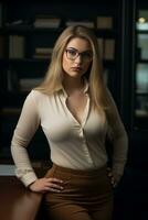 une magnifique blond femme dans des lunettes permanent dans de face de une bureau génératif ai photo