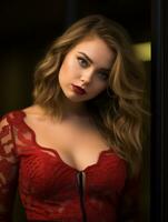 une magnifique femme dans une rouge robe posant pour le caméra génératif ai photo