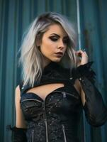 une magnifique Jeune femme dans une noir cuir corset génératif ai photo