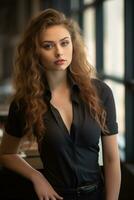 une magnifique Jeune femme dans une noir chemise posant pour le caméra génératif ai photo