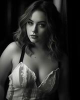 une noir et blanc photo de une femme dans lingerie génératif ai