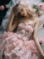 une blond aux cheveux fille dans une rose robe pose sur une lit avec des roses génératif ai photo
