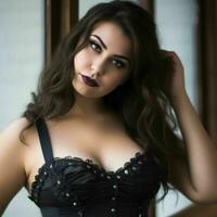 une femme dans une noir corset posant pour le caméra génératif ai photo