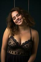 une femme dans une noir lingerie Haut souriant génératif ai photo