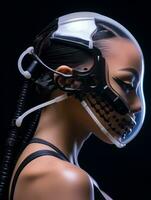 une femme dans une futuriste casque avec une noir Contexte génératif ai photo