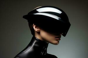 un image de une femme portant une noir casque photo