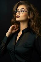 magnifique Jeune femme dans des lunettes et chemise posant sur noir Contexte génératif ai photo