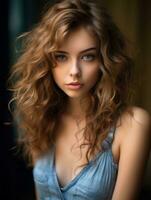 magnifique Jeune femme avec frisé cheveux et bleu yeux génératif ai photo