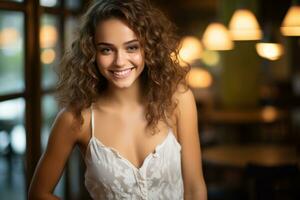 magnifique Jeune femme avec frisé cheveux souriant dans une restaurant génératif ai photo