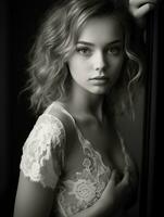 noir et blanc portrait de une magnifique Jeune femme génératif ai photo