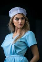 portrait de une magnifique Jeune femme dans une bleu robe et blanc chapeau sur une foncé Contexte génératif ai photo